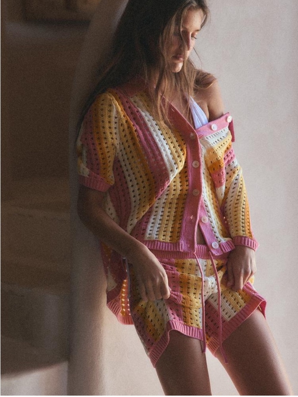 Zara Striped Crochet Knit Set - Pink & Yellow